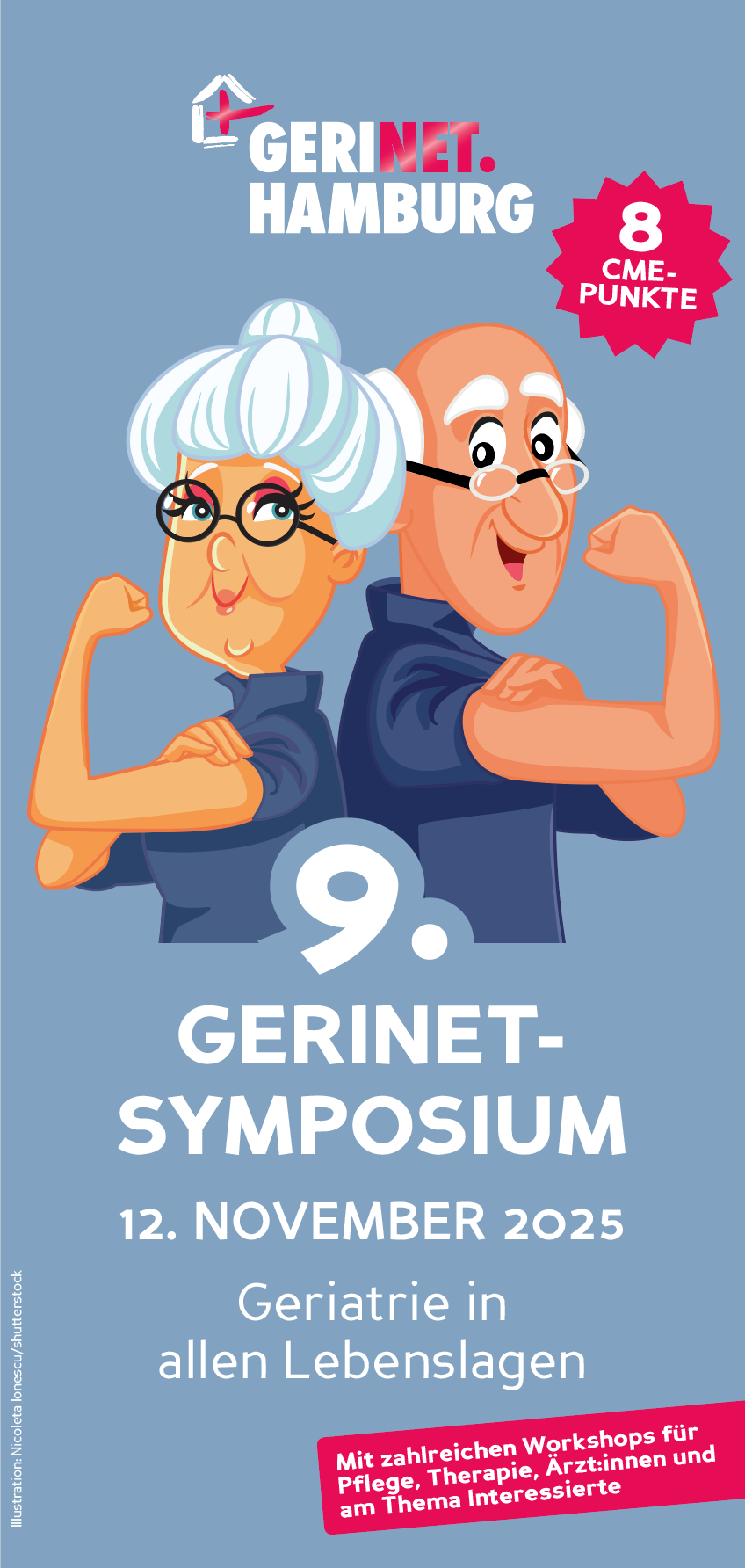 Titelblatt für das 9. GeriNet-Symposium. Es zeigt eine ältere Frau und einen älteren Männn, die ihre Armmuskel flexen auf einem blauen Hintergrund. Ein pinker Störer weist auf 8 CME-Punkte hin.